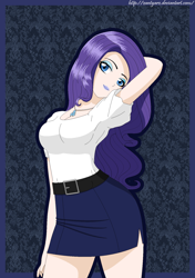 Size: 1200x1700 | Tagged: safe, artist:zantyarz, character:rarity, clothing, female, humanized, jewelry, lipstick, looking at you, pendant, skirt, solo