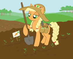 Size: 900x726 | Tagged: safe, artist:lauren faust, artist:paintedyoko, character:applejack, alternate hairstyle, carrot, colored, female, food, shovel, solo