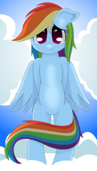 Size: 1700x3000 | Tagged: safe, artist:graphene, character:rainbow dash, species:pegasus, species:pony, g4, bipedal, cloud, cute, dashabetes, female, floppy ears, looking at you, mare, solo, spread wings, wings