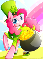 Size: 968x1324 | Tagged: safe, artist:frankier77, character:pinkie pie, species:earth pony, species:pony, candy, clothing, female, gold, leprechaun, leprechaun hat, lollipop, looking at you, mare, mouth hold, pot, pot of gold, rainbow, saint patrick's day, solo