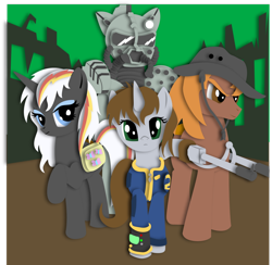 Size: 900x878 | Tagged: safe, artist:the-paper-pony, oc, oc only, oc:calamity, oc:littlepip, oc:steelhooves, oc:velvet remedy, species:earth pony, species:pegasus, species:pony, species:unicorn, fallout equestria, armor, bag, battle saddle, clothing, dashite, fanfic, fanfic art, female, fluttershy medical saddlebag, gun, hat, hooves, horn, male, mare, medical saddlebag, pipbuck, power armor, rifle, saddle bag, shadowbox, stallion, steel ranger, vault suit, weapon, wings
