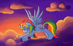 Size: 1224x768 | Tagged: safe, artist:xieril, character:rainbow dash, cloud, cloudy, female, morning, morning ponies, sleepy, solo, stretching, sunrise
