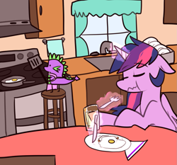 Size: 1061x988 | Tagged: safe, artist:ghost, character:spike, character:twilight sparkle, character:twilight sparkle (alicorn), species:alicorn, species:pony, breakfast, cooking, egg (food), female, food, fork, knife, mare, morning ponies, napkin, plate