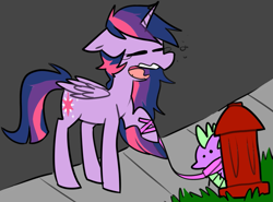 Size: 1085x801 | Tagged: safe, artist:ghost, character:spike, character:twilight sparkle, character:twilight sparkle (alicorn), species:alicorn, species:pony, female, fire hydrant, leash, mare, morning ponies