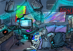 Size: 1055x731 | Tagged: safe, artist:ghost, character:dj pon-3, character:octavia melody, character:vinyl scratch, species:pony, ship:scratchtavia, bed, bedroom, chair, computer, female, lesbian, mare, mixing console, poster, room, shipping