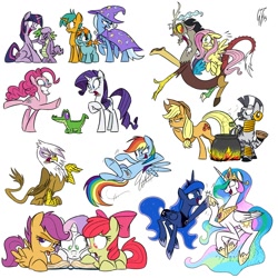 Size: 2000x2000 | Tagged: safe, artist:glancojusticar, character:apple bloom, character:applejack, character:discord, character:fluttershy, character:gilda, character:gummy, character:pinkie pie, character:princess celestia, character:princess luna, character:rainbow dash, character:rarity, character:scootaloo, character:snails, character:snips, character:spike, character:sweetie belle, character:trixie, character:twilight sparkle, character:zecora, species:griffon, species:pegasus, species:pony, species:zebra, book, cauldron, cutie mark crusaders, high res, hoofbump, mane seven, reading, simple background, white background