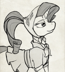 Size: 721x798 | Tagged: safe, artist:enma-darei, character:rarity, species:pony, species:unicorn, camping outfit, female, grayscale, monochrome, open canvas, simple background, sketch, solo