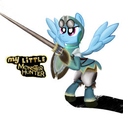 Size: 1000x1000 | Tagged: safe, artist:cheshiresdesires, character:rainbow dash, crossover, lance, monster hunter, shield, weapon