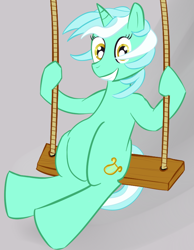 Size: 652x842 | Tagged: safe, artist:cheshiresdesires, character:lyra heartstrings, species:pony, species:unicorn, female, gradient background, grin, simple background, smiling, solo, swing