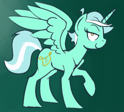 Size: 500x453 | Tagged: safe, artist:cheshiresdesires, artist:derkrazykraut, character:lyra heartstrings, species:alicorn, species:pony, alternate hairstyle, female, gradient background, green background, lidded eyes, lyracorn, mare, race swap, raised eyebrow, raised hoof, short hair, simple background, smiling, smug, solo
