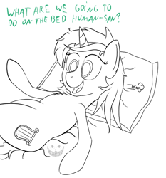 Size: 596x640 | Tagged: safe, artist:cheshiresdesires, character:lyra heartstrings, species:pony, bed, dialogue, female, humie, implied human, pomf, solo, what are we gonna do on the bed?