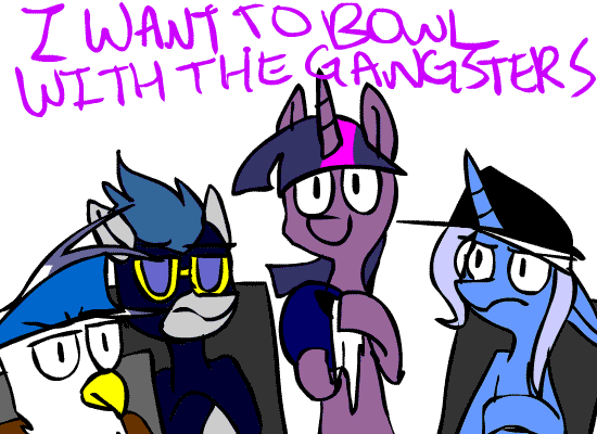 Size: 550x400 | Tagged: safe, artist:ghost, artist:the-awesome-pup, character:fluttershy, character:gilda, character:pinkie pie, character:rainbow dash, character:trixie, character:twilight sparkle, species:earth pony, species:griffon, species:pegasus, species:pony, species:unicorn, animated, clothing, costume, female, shadowbolts, shadowbolts costume, weird al yankovic, white and nerdy