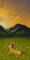 Size: 600x1200 | Tagged: dead source, safe, artist:celestiawept, character:scootaloo, species:pegasus, species:pony, flower field, grass, grass field, looking away, looking up, mountain, prone, sunset