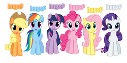 Size: 6000x3000 | Tagged: safe, artist:kittyhawk-contrail, character:applejack, character:fluttershy, character:pinkie pie, character:rainbow dash, character:rarity, character:twilight sparkle, absurd resolution, blue text, bronybait, caption, cute, hug, hug request, hugpony poses, image macro, mane six, meme origin, pink text, purple text, simple background, transparent background, vector, yellow text