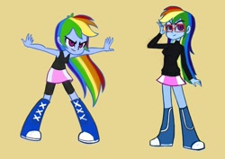Size: 764x540 | Tagged: safe, artist:khuzang, character:rainbow dash, my little pony:equestria girls, boots, clothing, female, glasses, humanized, nerd, rainbow dash always dresses in style, rainbow dork, skirt, solo