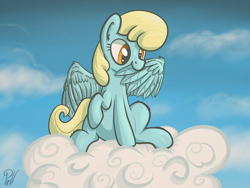 Size: 4000x3000 | Tagged: safe, artist:pirill, character:sassaflash, species:pegasus, species:pony, 30 minute art challenge, biting, cloud, cloudy, cute, ear fluff, featured on derpibooru, female, mare, preening, raised hoof, sitting, sitting on a cloud, sky, smiling, solo, wing bite, wing fluff