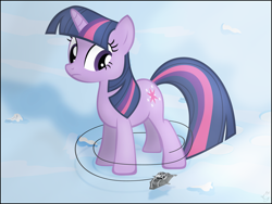 Size: 2000x1500 | Tagged: safe, artist:stinkehund, character:twilight sparkle, character:twilight sparkle (unicorn), species:pony, species:unicorn, adobe imageready, at-at, cable, confused, crossover, cute, female, frown, giant pony, giantess, hoth, looking down, macro, mare, snow, snowspeeder, solo, star wars, walker, wat, worried