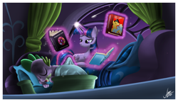 Size: 1650x950 | Tagged: safe, artist:zelc-face, character:spike, character:twilight sparkle, oc, bed, book, magic, sleeping, telekinesis