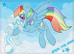 Size: 1914x1400 | Tagged: safe, artist:starlightlore, character:rainbow dash, oc, oc:snowdrop, species:pegasus, species:pony, cloud, cloudy, cute, eye contact, floppy ears, flying, flying lesson, heart eyes, holding a pony, open mouth, rainbowdrop, shipping, smiling, snowbetes, snowdash, spread wings, starry eyes, time paradox, wingding eyes, wings
