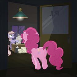 Size: 4000x4000 | Tagged: safe, artist:stinkehund, character:pinkie pie, oc, oc:lavender, species:pegasus, species:pony, frown, male, newspaper, office, open mouth, plot, reading, sitting, tail wrap, underhoof, walking, wide eyes