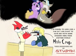 Size: 813x600 | Tagged: safe, artist:cartuneslover16, edit, character:discord, character:twilight sparkle, ship:discolight, comic sans, crossover, female, male, margaret, mordecai, regular show, shipping, straight, text