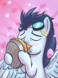 Size: 1280x1707 | Tagged: safe, artist:pirill, character:soarin', 30 minute art challenge, blushing, heart, kissing, male, pie, sloppy kissing, solo, that pony sure does love pies