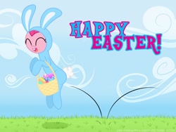 Size: 1024x768 | Tagged: safe, artist:frankier77, character:pinkie pie, ask pinkamena diane pie, ask, basket, bunny costume, clothing, costume, easter, easter egg, egg, eyes closed, female, jumping, solo, tumblr