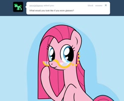 Size: 800x650 | Tagged: safe, artist:frankier77, character:pinkamena diane pie, character:pinkie pie, ask pinkamena diane pie, ask, cute, cuteamena, female, glasses, looking at you, smiling, solo, tumblr