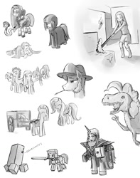 Size: 1009x1280 | Tagged: safe, artist:frankier77, character:fluttershy, character:igneous rock pie, character:pinkamena diane pie, character:pinkie pie, character:rainbow dash, oc, bonnet, clothing, crossover, dinosaur, humanized, monochrome, mouth hold, pinkiesaurous rex, sketch dump, snake, species swap, sword, tyrannosaurus rex, weapon