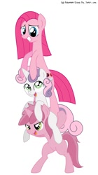 Size: 716x1280 | Tagged: safe, artist:frankier77, character:pinkamena diane pie, character:pinkie pie, character:ruby pinch, character:sweetie belle, species:earth pony, species:pony, species:unicorn, alternate cutie mark, pony hat, pony pile, sweetiehat, tower of pony