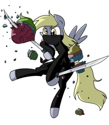 Size: 1068x1224 | Tagged: safe, artist:frankier77, character:derpy hooves, species:pony, bipedal, clothing, cupcake, female, ninja, solo, sword, weapon