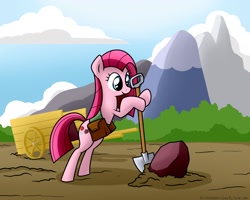 Size: 1280x1024 | Tagged: safe, artist:frankier77, character:pinkamena diane pie, character:pinkie pie, ask pinkamena diane pie, ask, bag, cart, female, rock, rock farm, shovel, solo, tumblr