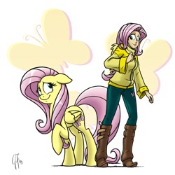 Size: 1000x1000 | Tagged: safe, artist:glancojusticar, character:fluttershy, species:human, clothing, cutie mark background, duo, duo female, female, human ponidox, humanized, looking at each other, ponidox, raised hoof, smiling, solo, sweater, sweatershy, winged humanization