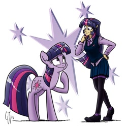 Size: 1000x1000 | Tagged: safe, artist:glancojusticar, character:twilight sparkle, species:human, species:pony, species:unicorn, clothing, elf ears, female, human ponidox, humanized, looking at each other, mare, necktie, ponidox, skirt, smiling, sweater vest