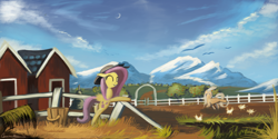 Size: 2000x1000 | Tagged: safe, artist:auroriia, character:applejack, character:fluttershy, species:chicken, species:duck, clothing, dancing, farm, fence, hat