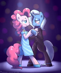Size: 953x1125 | Tagged: safe, artist:frankier77, character:pinkie pie, character:trixie, species:pony, ship:trixiepie, bipedal, blushing, clothing, dancing, dress, female, lesbian, shipping, shoes, slow dancing, suit