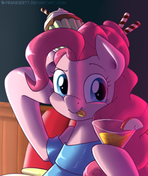 Size: 980x1161 | Tagged: safe, artist:frankier77, character:pinkie pie, species:earth pony, species:pony, apple slice, clothing, cocktail, cupcake, cute, diapinkes, dress, drink, female, food, sitting up, solo, tongue out