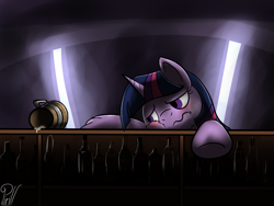 Size: 1280x960 | Tagged: safe, artist:pirill, character:twilight sparkle, species:pony, 30 minute art challenge, blushing, drunk, drunk twilight, female, frown, leaning, sad, solo, tankard, wavy mouth