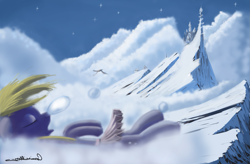 Size: 1683x1103 | Tagged: safe, artist:auroriia, character:derpy hooves, species:pegasus, species:pony, castle, clothing, female, mare, scenery, skirt, sleeping, snot bubble, snow