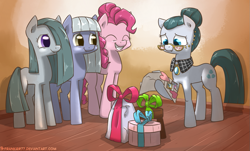 Size: 1129x683 | Tagged: safe, artist:frankier77, character:cloudy quartz, character:limestone pie, character:marble pie, character:pinkie pie, glasses, mother's day, pie sisters, present