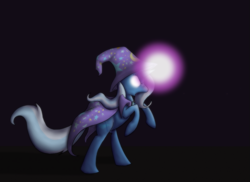 Size: 985x719 | Tagged: safe, artist:enma-darei, character:trixie, species:pony, species:unicorn, bipedal, darkness, female, glowing eyes, glowing horn, magic, mare, rearing, solo, trixie's cape, trixie's hat