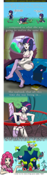 Size: 1100x4024 | Tagged: dead source, safe, artist:glancojusticar, character:gummy, character:pinkie pie, character:twilight sparkle, species:human, balcony, bra, clothing, comic, dirty, dressing, falling, female, golden oaks library, humanized, mud, panties, photoshop, pink underwear, simple background, stockings, transparent background, underwear, vest, wat