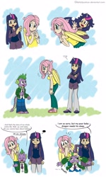 Size: 1500x2500 | Tagged: safe, artist:glancojusticar, character:fluttershy, character:spike, character:twilight sparkle, species:dragon, species:human, g4, clothing, comic, dialogue, female, horned humanization, humanized, male, scene interpretation, sweater vest, tank top, winged humanization
