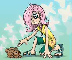 Size: 1280x1080 | Tagged: safe, artist:glancojusticar, character:fluttershy, species:human, species:rabbit, g4, breasts, delicious flat chest, female, filly fluttershy, flattershy, humanized, sandals, skinny, solo, younger