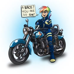 Size: 1024x1024 | Tagged: safe, artist:glancojusticar, character:rainbow dash, species:human, g4, female, humanized, motorcycle, solo