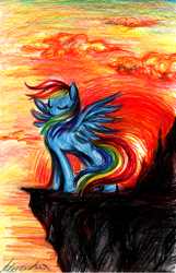 Size: 550x852 | Tagged: safe, artist:buttersprinkle, character:rainbow dash, cliff, female, solo, traditional art