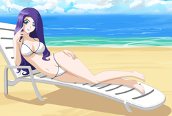 Size: 3617x2440 | Tagged: safe, artist:zantyarz, character:rarity, species:human, beach, belly button, bikini, breasts, busty rarity, cleavage, clothing, female, humanized, sexy, solo, swimsuit