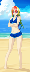 Size: 1422x3315 | Tagged: safe, artist:zantyarz, character:rainbow dash, species:human, beach, belly button, bikini, clothing, cloud, crossed arms, female, humanized, looking at you, sand, shorts, sky, smiling, solo, swimsuit, water