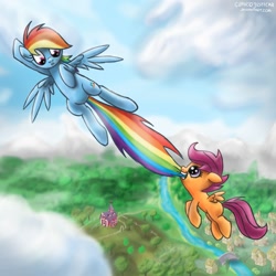 Size: 1500x1500 | Tagged: safe, artist:glancojusticar, character:rainbow dash, character:scootaloo, species:pegasus, species:pony, g4, barn, biting, female, filly, flying, flying lesson, mare, nom, ponyville, sweet apple acres, tail bite