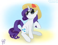 Size: 1040x800 | Tagged: safe, artist:glancojusticar, character:rarity, species:pony, species:unicorn, g4, clothing, female, hat, mare, raised hoof, sitting, solo, sunglasses